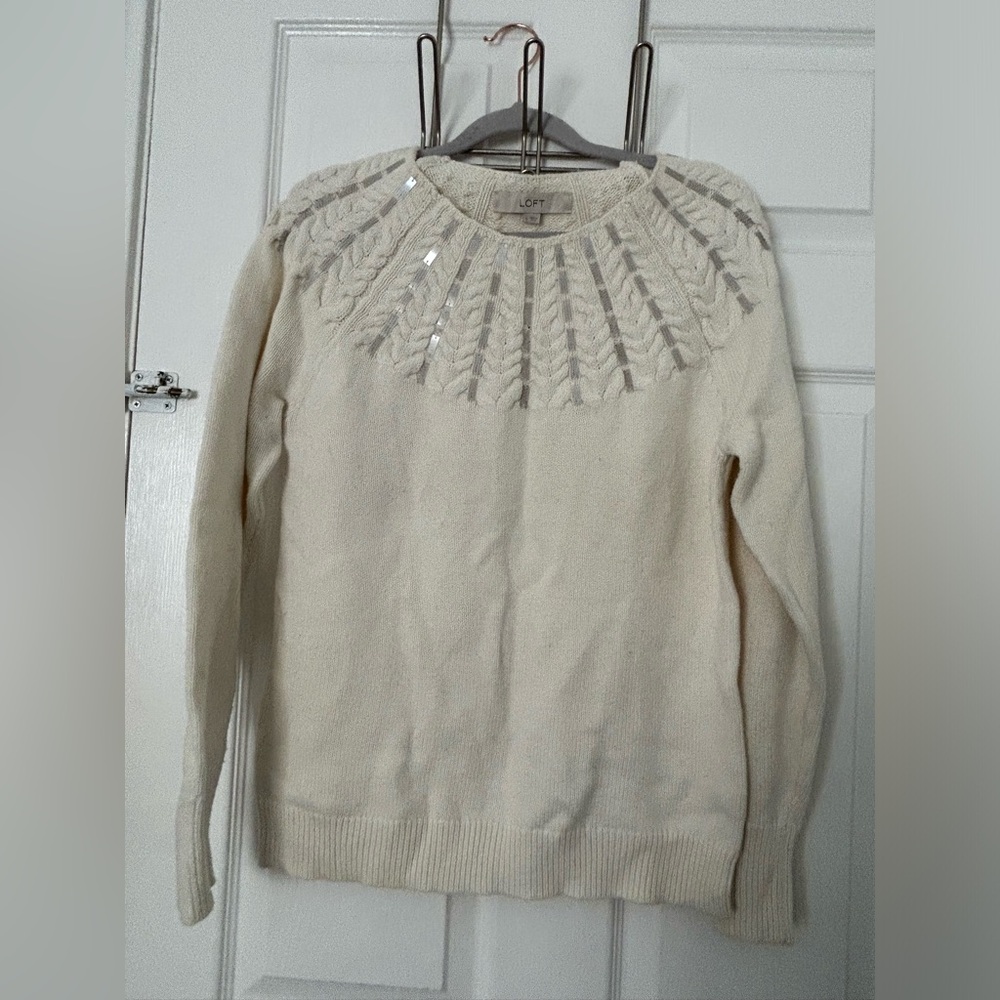 LOFT Cream Cable Yoke Sweater with Sequin Detail